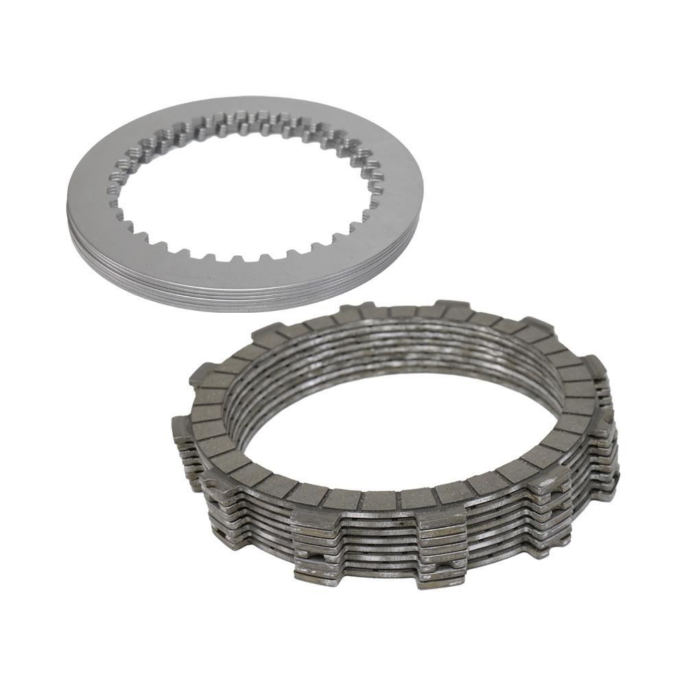 Silver metal clutch plates and a circular friction disc, designed for Kawasaki KXF250 and KX250XC models from 2021 to 2023, featuring a durable and robust construction.