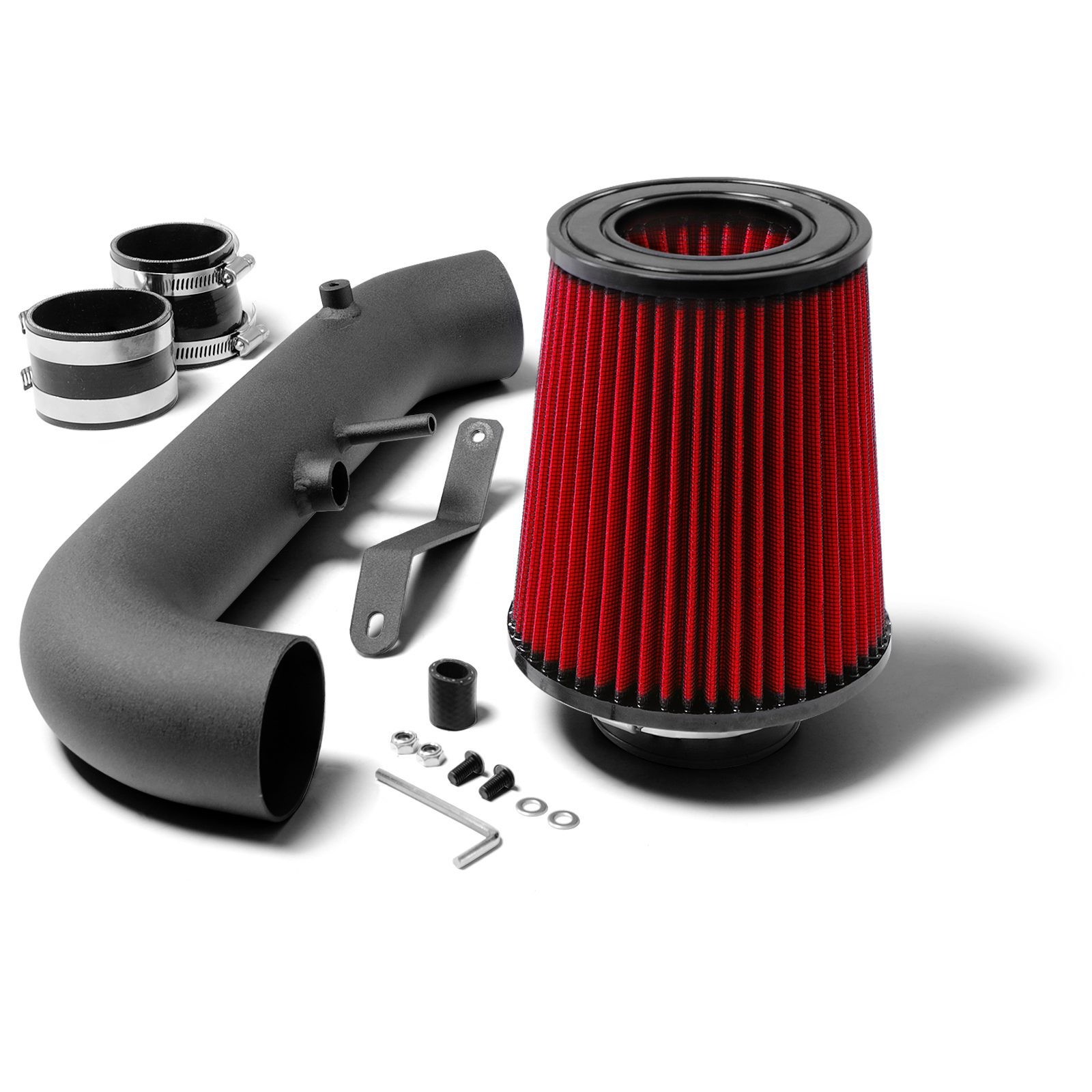 Cold air induction kit for Mazda MX-5 NB MK2.5, featuring a red conical air filter, black intake pipe, and various metal fittings and clamps.
