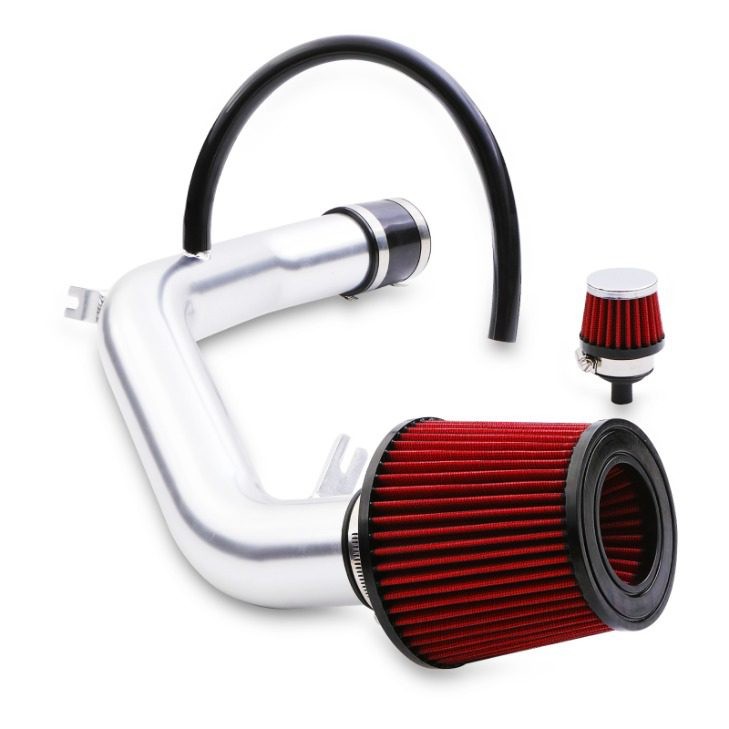 Cold air induction kit featuring a polished aluminum intake pipe, red cone air filter, and a smaller red filter, designed for VW Golf MK4 GTI 1.8T models from 1996 to 2004.