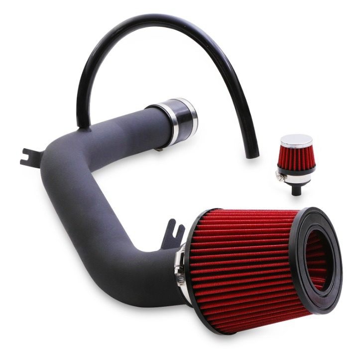 Cold air induction kit featuring a black plastic intake pipe, red filter element with a metal clamp, and a smaller red filter, designed for VW Golf MK4 GTI, Audi A3 8L, and Skoda Octavia 1.8T.