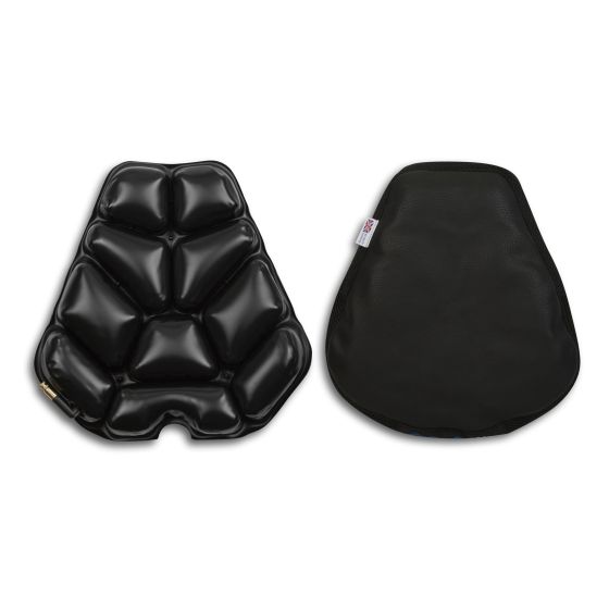 Black ComfortAir Motorcycle Seat Cushion featuring a honeycomb design for comfort, with a textured mesh underside for breathability and durability, ideal for adventure and sport riding.