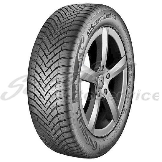 Black Continental AllSeasonContact tire with a 195/50 R16 size, featuring a detailed tread pattern, mounted on a sleek silver alloy wheel.