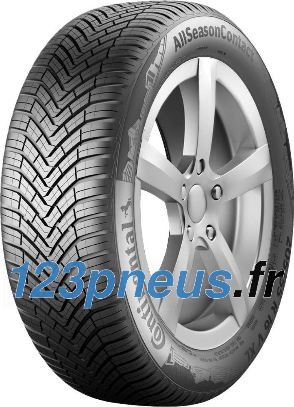 Black all-season tire with a tread pattern designed for versatility, featuring a silver alloy wheel with five spokes, labeled "Continental AllSeasonContact 245/40 R18 97Y XL EVc."