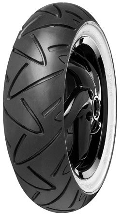 Black motorcycle tire with a sleek design, featuring a distinctive tread pattern and a white sidewall, labeled "Continental ContiTwist WW 130/70-12 RF TL 62P."