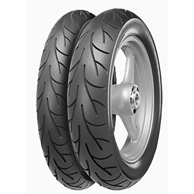 Black motorcycle tire with a sleek tread pattern, labeled "Continental ContiGo!" with dimensions 150/70-18 TL 70V, designed for rear wheel use.