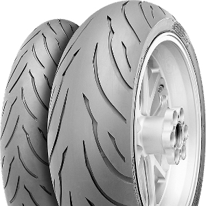 Two Continental ContiMotion M motorcycle tires, featuring a sleek gray rubber surface with deep tread patterns, mounted on a silver alloy wheel, designed for rear wheels, size 150/70 ZR17.