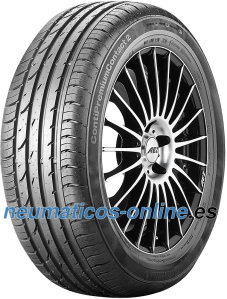 Black tire with a sleek design, featuring a Kerbing Rib, labeled "Continental ContiPremiumContact 2," size 175/55 R15 77T, showcasing a modern tread pattern and shiny alloy wheel.