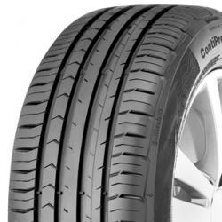 Black rubber tire with a sleek tread pattern, featuring the "Conti-PremiumContact 5 Conti-Seal FR" branding on the sidewall, designed for enhanced grip and durability.