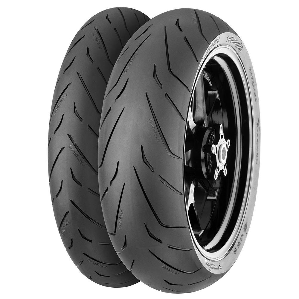 Black rubber motorcycle tire with a sleek tread pattern, featuring a silver rim and white lettering, designed for performance with a size of 120/70ZR17.