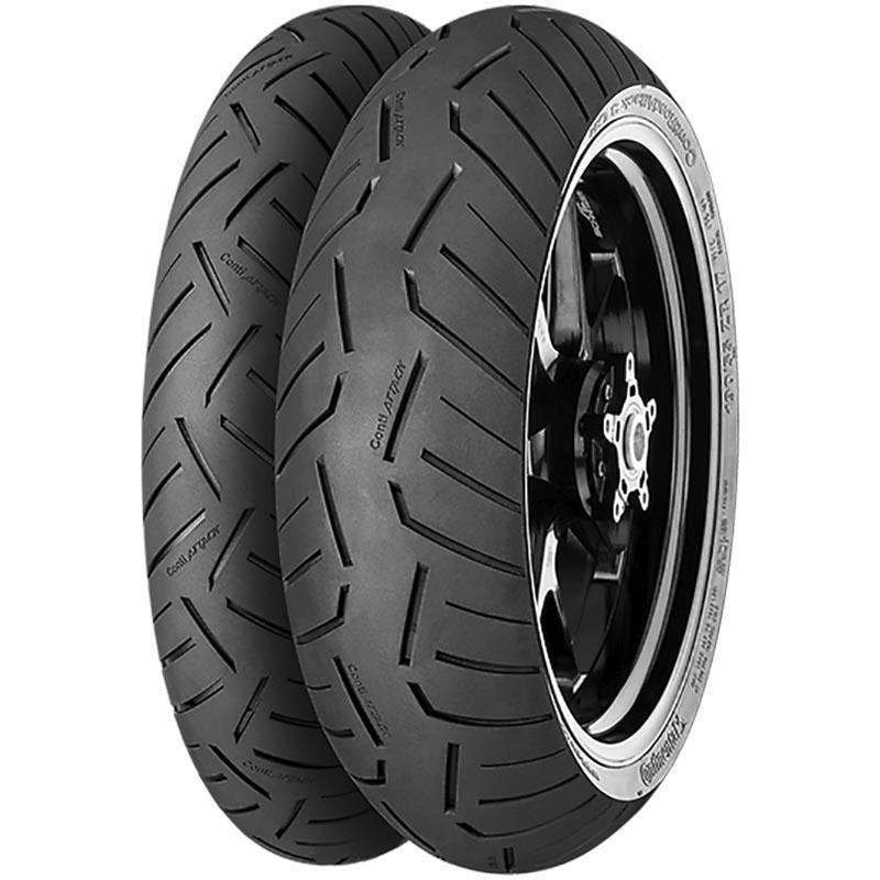 Black rubber motorcycle tire with a tread pattern designed for performance, labeled "Continental Contiroadattack 3 56V TL," size 100/90 R 18, featuring a sleek sidewall design.