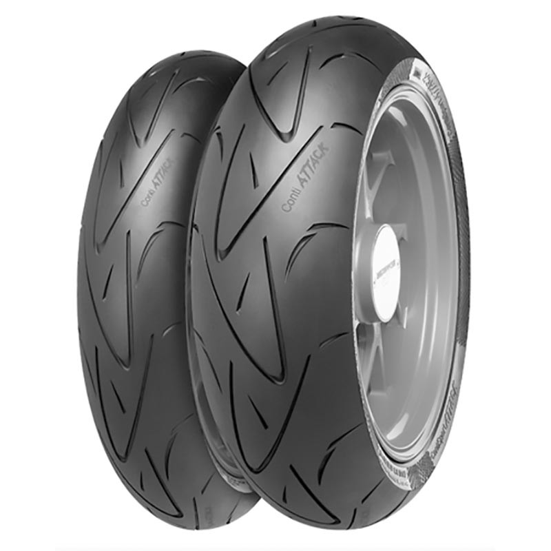 Black motorcycle tire with a sleek tread pattern, labeled "ContiSportAttack," designed for front wheels, size 130/70 ZR16, featuring a modern, high-performance look.