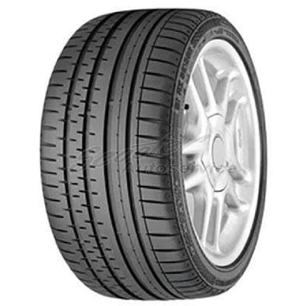 Black rubber tire with a sleek tread pattern, labeled "Continental ContiSportContact 2 SSR 225/50 R17 98W XL," mounted on a silver alloy wheel.