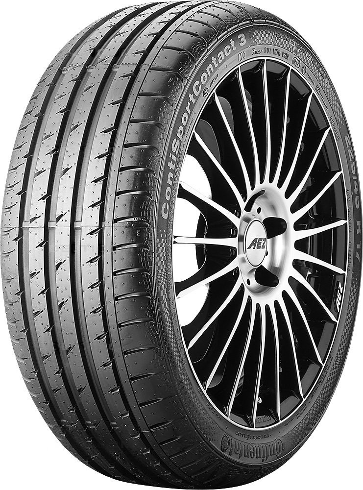 Black performance tire with a sleek tread pattern, labeled "Continental ContiSportContact 3 SSR 245/45 R19 98W," featuring a shiny alloy wheel design.