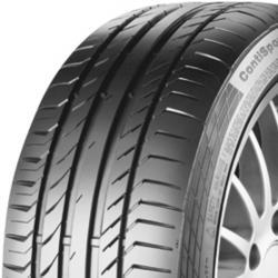 Black rubber tire with a sleek tread pattern, labeled "Continental ContiSportContact 5," size 255/50 R19, designed for SUVs, featuring a ridge for enhanced performance.