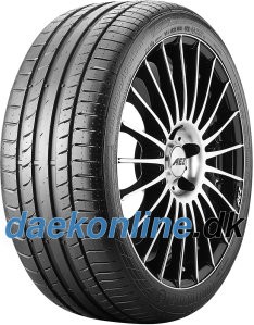 Black performance tire with a sleek tread pattern, featuring a Kerbing Rib, mounted on a stylish alloy wheel with multi-spoke design, labeled with "Continental ContiSportContact 5 P."