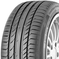 Black performance tire with a sleek tread pattern, labeled "Conti-SportContact 5 FR XL" by Continental, featuring reinforced sidewalls for enhanced durability.