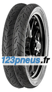 Black motorcycle tires with a sleek tread pattern, featuring a silver rim and a white sidewall, designed for rear and front wheels, labeled as Continental ContiStreet 2.50-17 RF TL 43P.