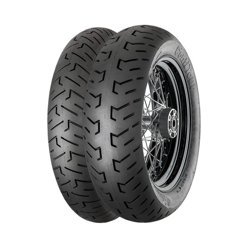 Two black motorcycle tires from Continental, labeled "ContiTour," featuring a tread pattern designed for stability and grip, with a shiny metal rim visible in the background.