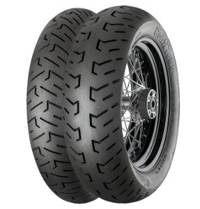 Black motorcycle tire with a tread pattern designed for stability, featuring a radial construction and labeled "Continental ContiTour 180/55B18 RF TL 80H" for rear wheel use.
