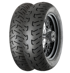 Two black motorcycle tires from Continental, featuring a tread pattern designed for grip, with a shiny wire-spoke wheel in the background.