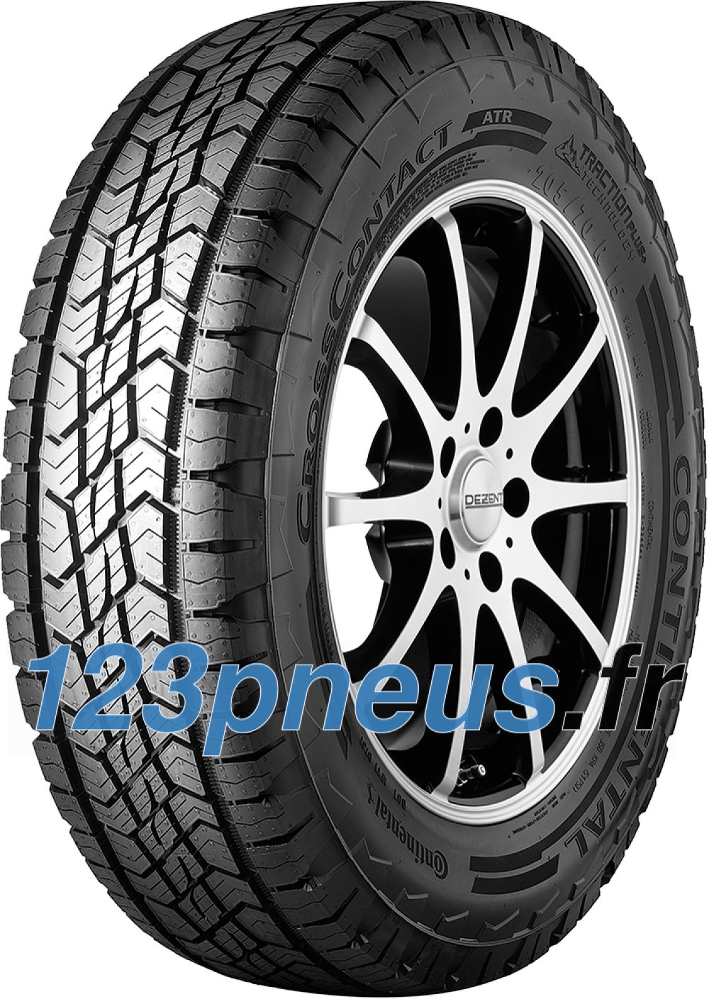 Black Continental CrossContact ATR tire (265/45 R20 108W XL) featuring a rugged tread pattern and mounted on a sleek, multi-spoke alloy wheel.