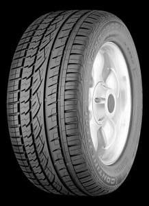 Black summer tire with a rugged tread pattern, labeled "Continental CrossContact UHP MFS 235/55 R17 99H," mounted on a silver alloy wheel.