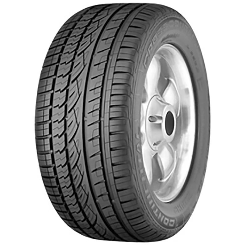 Black tire with a sleek tread pattern, featuring the "Conti Cross Contact UHP FR" branding on the sidewall, mounted on a silver alloy wheel.