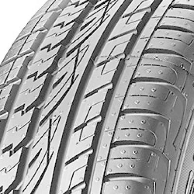 Black high-performance tire with a unique tread pattern, featuring wide grooves for improved grip and handling, labeled "CrossContact UHP" by Continental.