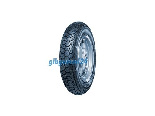 Black rubber tire with a textured tread pattern, mounted on a silver metal rim, designed for motorcycles, labeled "Continental K62 4.00-10 TT 60J."