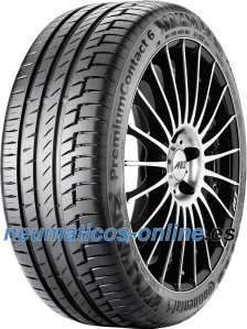 Black rubber tire with a sleek tread pattern, labeled "PremiumContact 6" and "Continental," featuring a shiny alloy wheel design and dimensions 235/55 R18 100V EVc, VOL.