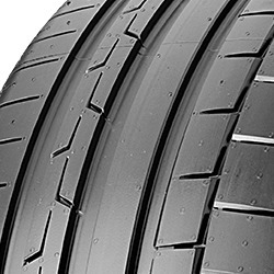 Black high-performance tire with a smooth surface, featuring distinct tread patterns and grooves, labeled "SportContact 6 AO XL FR" by Continental.