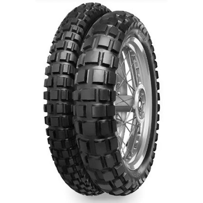 Black rubber motorcycle tire with a knobby tread pattern, labeled "Continental TKC 80 Twinduro," size 3.25-18, featuring M+S marking for mud and snow.