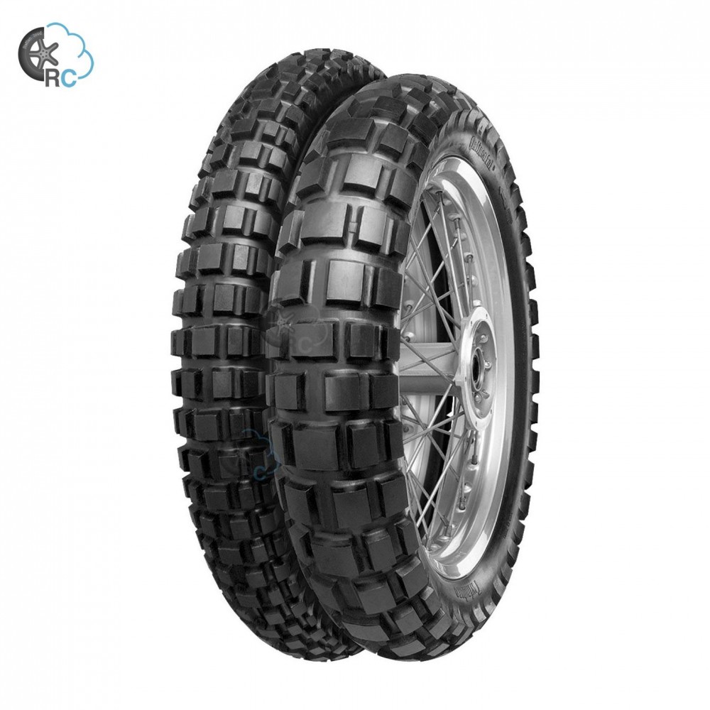 Continental TKC 80 Twinduro front motorcycle tire, 90/90-21 size, featuring a rugged tread pattern, black rubber material, and M+S marking for all-season performance.