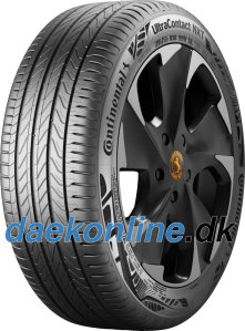 Black tire with a sleek design, featuring a distinctive tread pattern, labeled "UltraContact NXT EV XL" by Continental, mounted on a stylish alloy wheel.