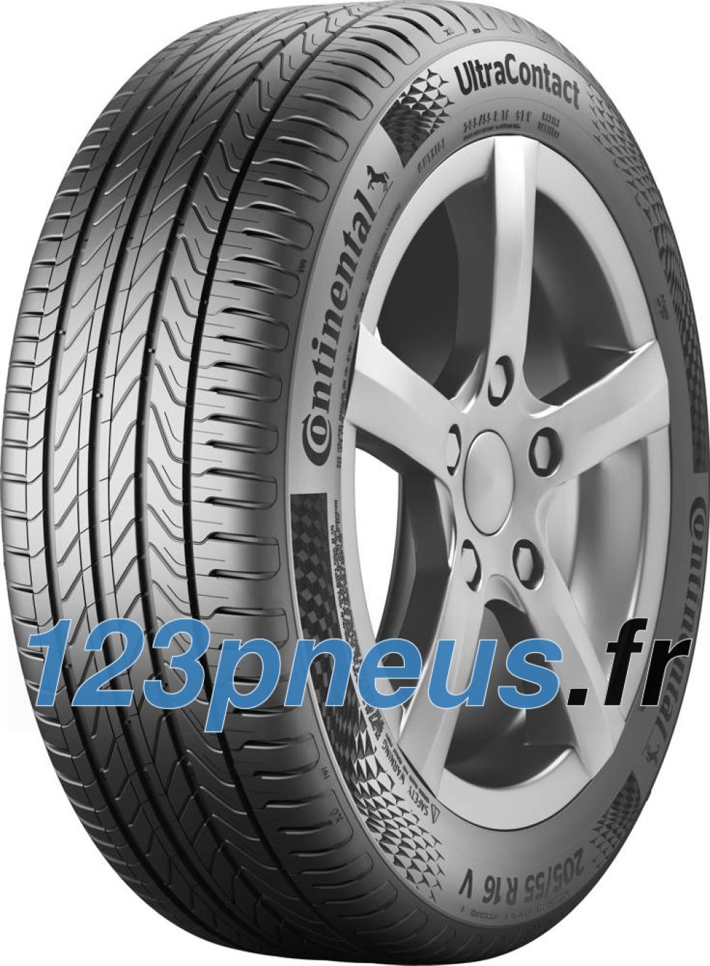 Black Continental UltraContact tyre with a tread pattern designed for extra load, size 235/55 R17, featuring a sleek silver alloy wheel and a prominent brand logo.
