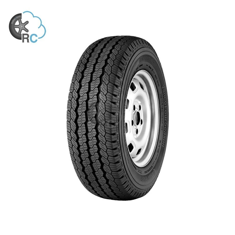 Black rubber tire with a tread pattern designed for all-season performance, labeled "Continental VancoFourSeason 2," size 225/65 R16C, featuring an 8PR rating.