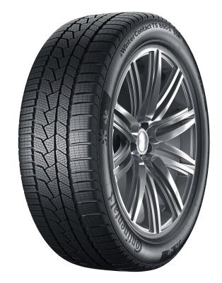 Black winter tire with a detailed tread pattern, labeled "Continental WinterContact TS 860 S," sized 275/40 R21 107V XL EVc, mounted on a shiny silver alloy wheel.