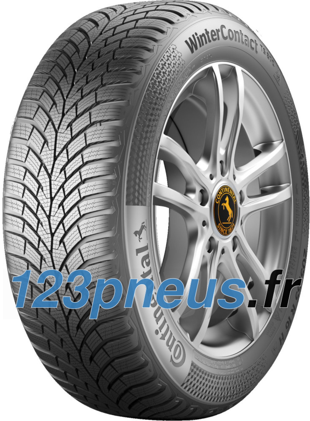 Continental WinterContact TS 870 tire in size 185/50 R17 86H XL EVc, featuring a detailed tread pattern and a silver alloy wheel with a black and yellow logo.