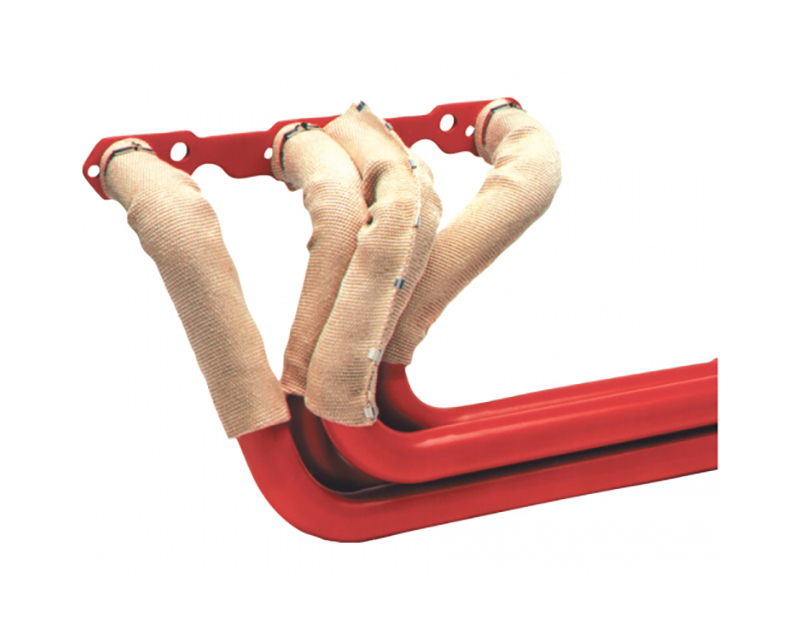 Cream-colored exhaust jacket kit with fabric insulation, designed for 4 and 6 cylinder engines, featuring a red metal mounting bracket and three wrapped exhaust pipes.