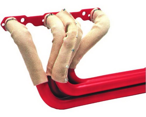 Cream-colored exhaust jacket kit for 8-cylinder engines, featuring heat-resistant material wrapped around red metal exhaust pipes for enhanced thermal insulation.