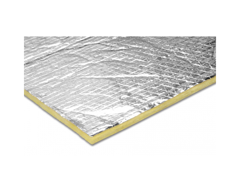 Silver heat-resistant mat with a textured surface and a yellow foam backing, measuring 24 inches by 50 feet, designed for thermal insulation and protection.