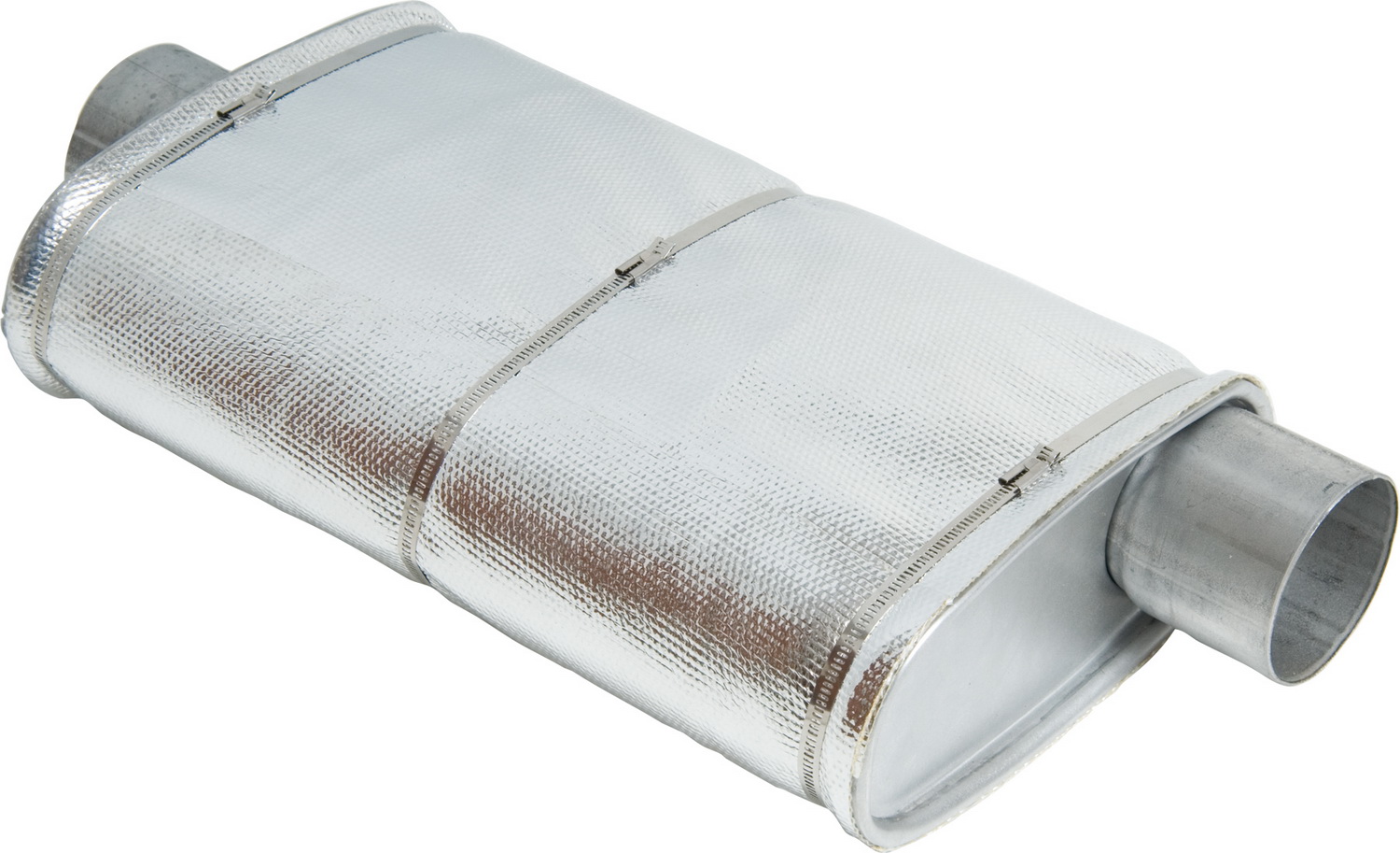 Silver Kevlar muffler cover measuring 26 x 40 inches, featuring a textured surface and metal fasteners for secure attachment.