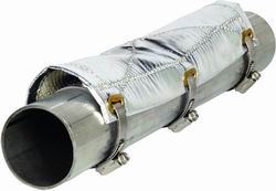 Silver heat shield designed for pipes, 6 inches wide and 1 foot long, featuring a quilted exterior and metal clamps for secure attachment.