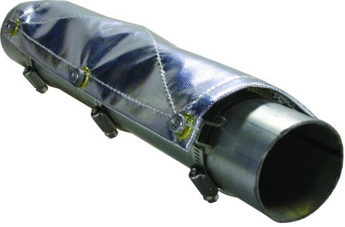 Silver metallic clamp-on exhaust heat shield with a textured surface, featuring adjustable clamps and a diamond-patterned design for enhanced heat resistance.