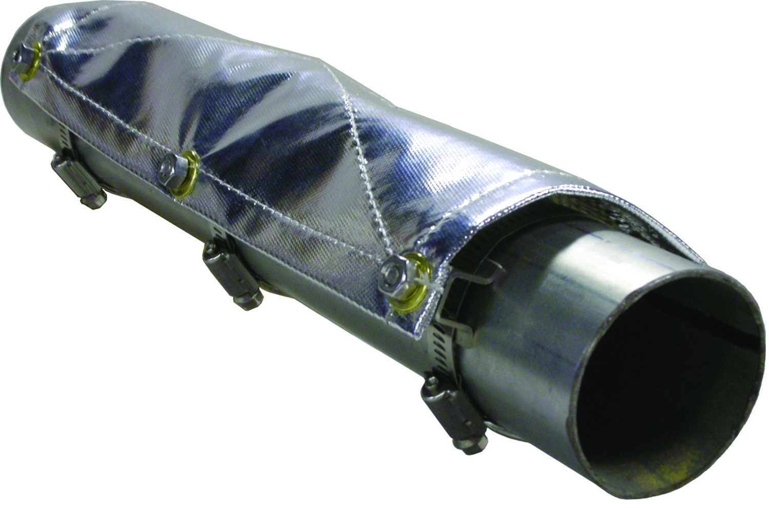 Silver, reflective clamp-on exhaust heat shield made of durable material, featuring a diamond pattern and secured with metallic clamps, designed to reduce heat transfer.