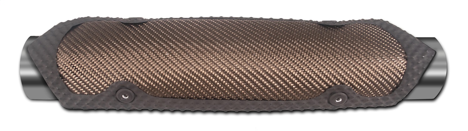 Carbon fiber heat shield in a sleek, dark finish, measuring 3.75 x 11.75 inches, featuring a textured surface and metallic mounting points for easy installation.