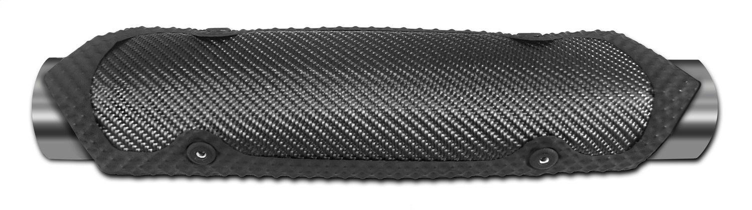 Black carbon fiber pipe shield with a textured surface, featuring metal mounting brackets and a sleek design for heat protection in automotive applications.