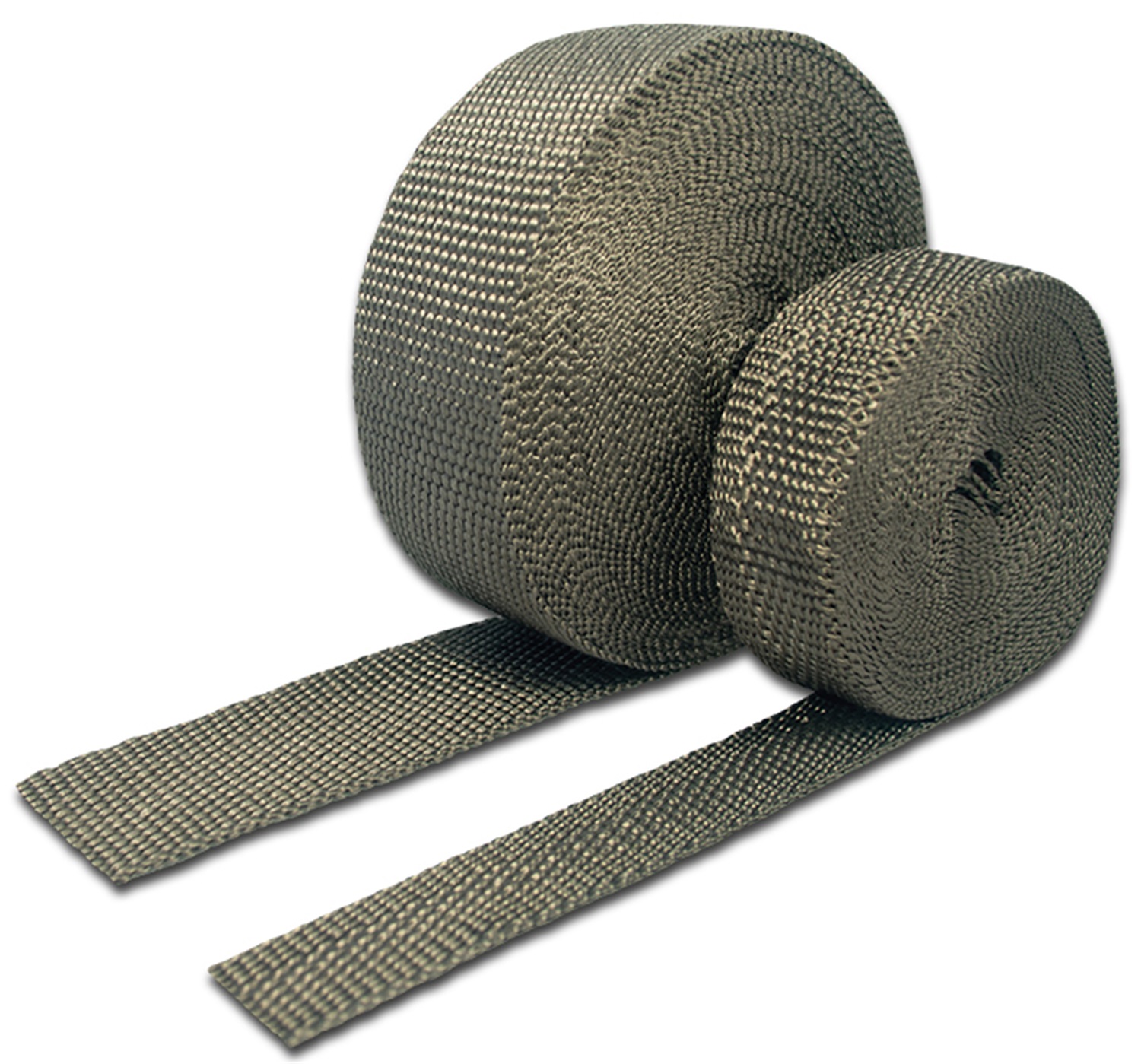Gray carbon fiber header wrap rolls, one larger and one smaller, showcasing a textured weave design, ideal for heat insulation in automotive applications.