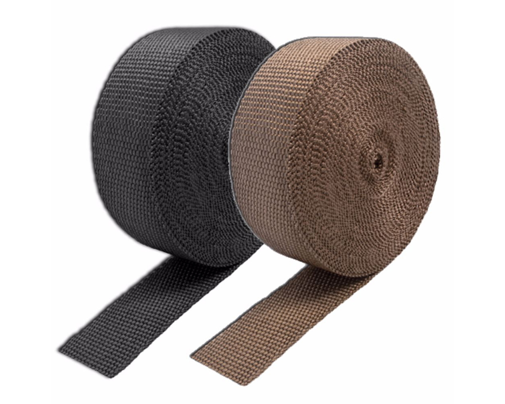 Black and brown exhaust insulating wrap rolls, each 2 inches wide and 50 feet long, featuring a textured woven material designed for heat resistance.