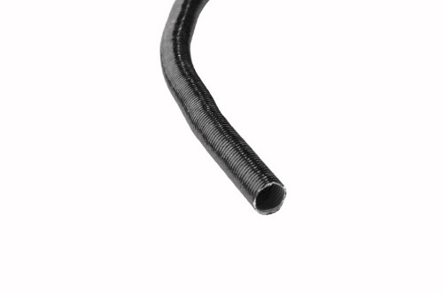 Black, flexible heat barrier shield with a ribbed texture, designed to protect components from high temperatures, featuring a cylindrical shape and durable material.